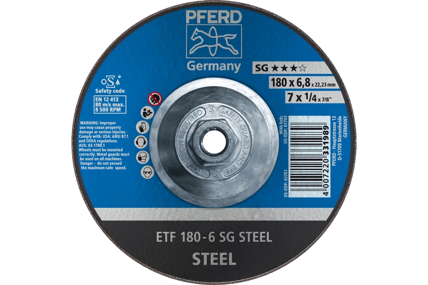 Picture of Pferd Grinding Wheel, 7" X 1/4 X 5/8-11, Sg Steel, T28, Aluminum Oxide